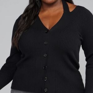 Black Classic Ribbed Knit Long Sleeve Button Front New